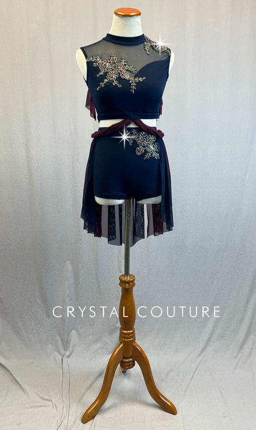 Custom Navy Blue & Plum Two Piece with Mesh Back Skirt and Shoulder Ruffle - Rhinestones