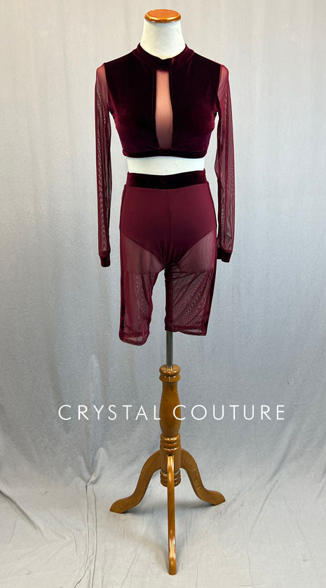 Custom Burgundy Velvet Two Piece with Long Mesh Sleeves and Bike Shorts