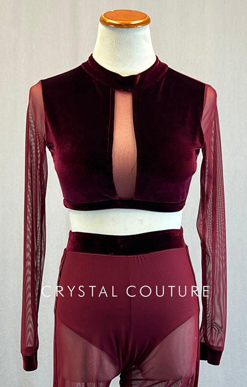 Custom Burgundy Velvet Two Piece with Long Mesh Sleeves and Bike Shorts