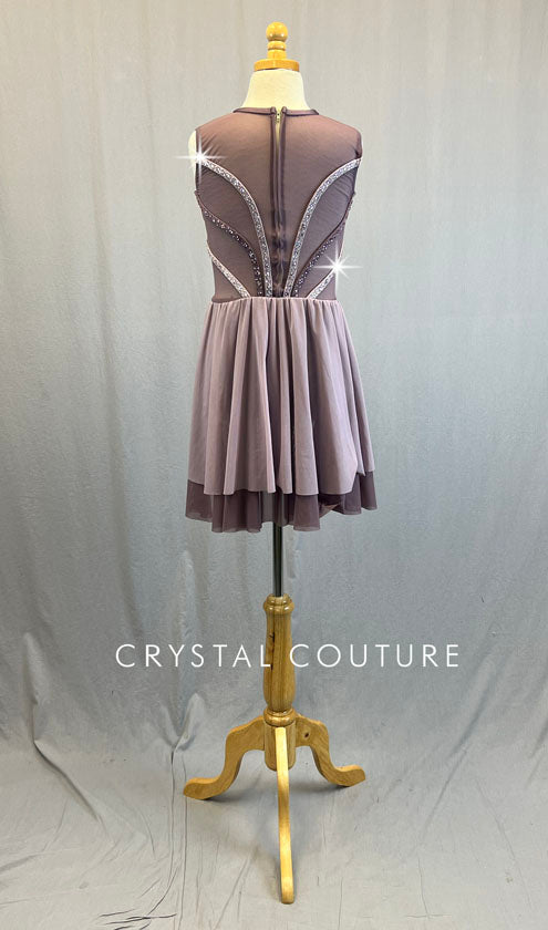 Custom Dusty Purple Biketard with Mesh Inserts and Layered Back Skirt - Rhinestones