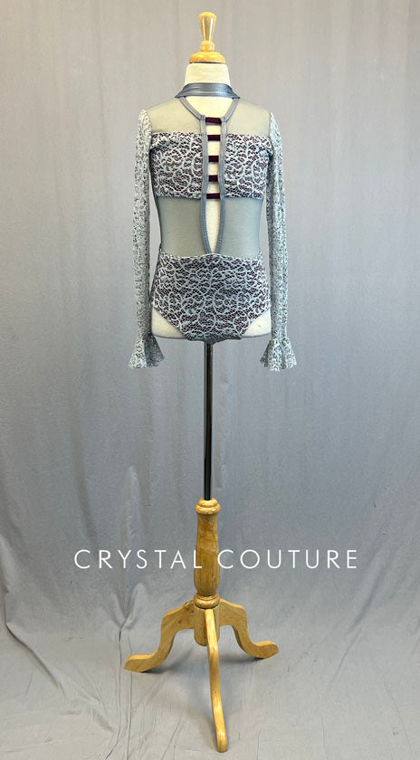 Custom Grey & Plum Lace Leotard with Mesh Inserts and Flared Cuff