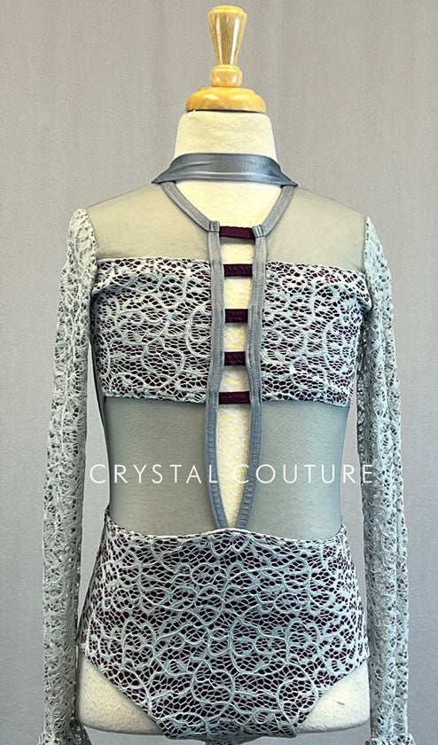 Custom Grey & Plum Lace Leotard with Mesh Inserts and Flared Cuff