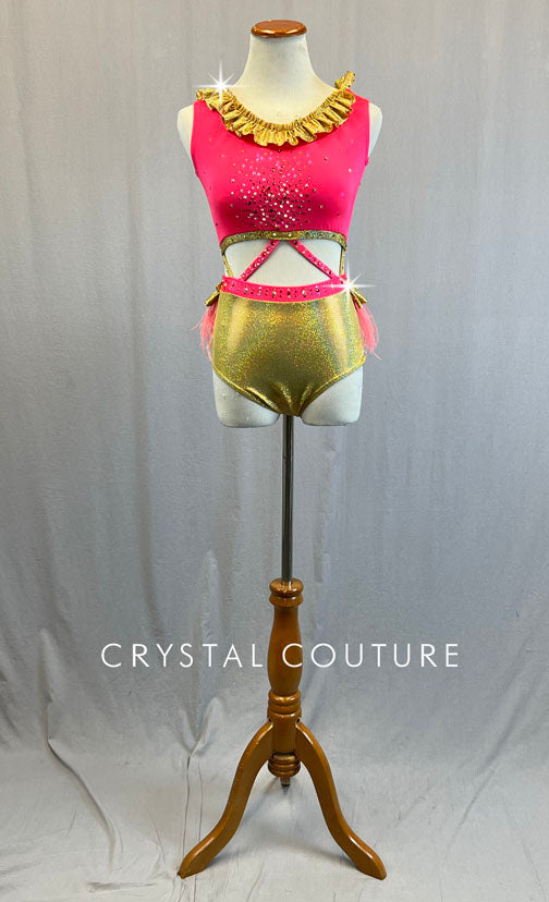 Custom Coral & Holographic Gold Connected Two Piece with Ruffle Trim and Ostrich Feathers - Rhinestones