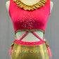 Custom Coral & Holographic Gold Connected Two Piece with Ruffle Trim and Ostrich Feathers - Rhinestones