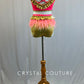 Custom Coral & Holographic Gold Connected Two Piece with Ruffle Trim and Ostrich Feathers - Rhinestones