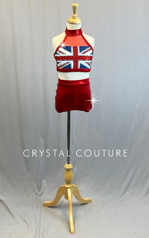Custom Red, White & Blue British Flag Halter Top and Booty Shorts - Rhinestones