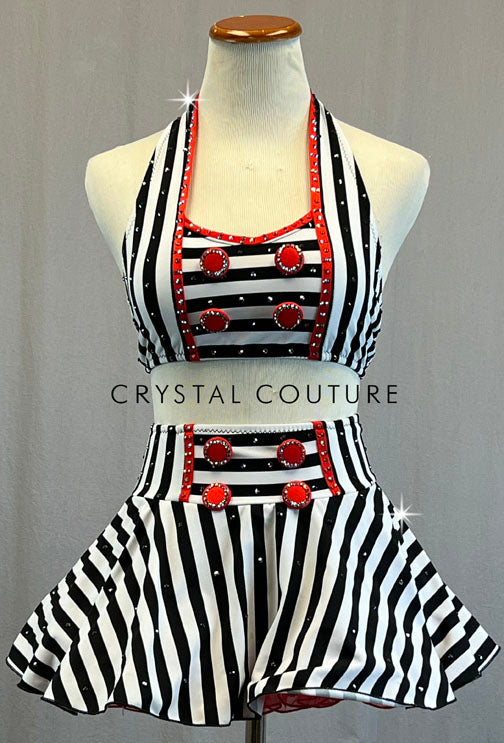 Custom Black & White Striped Halter Top and Circle Skirt with Red Details and Crinoline - Rhinestones