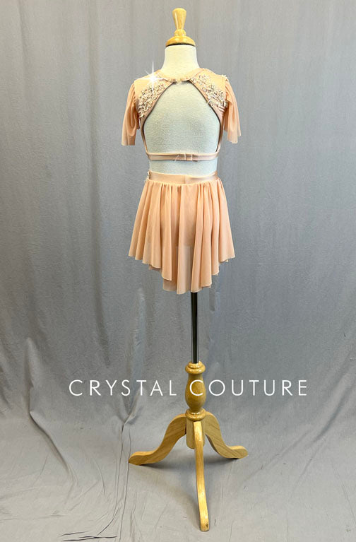 Custom Light Peach Two Piece with Mesh Flutter Sleeve and Back Skirt - Rhinestones