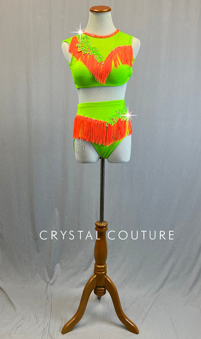 Custom Lime Green Two Piece with Neon Orange Fringe Trim - Rhinestones