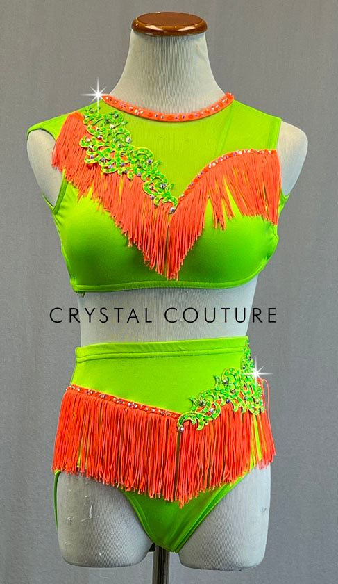 Custom Lime Green Two Piece with Neon Orange Fringe Trim - Rhinestones