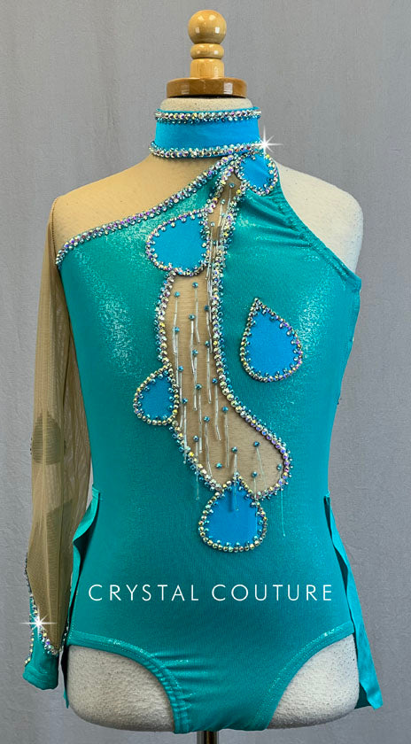 Custom Turquoise Raindrop Leotard with Back Skirt - Rhinestones