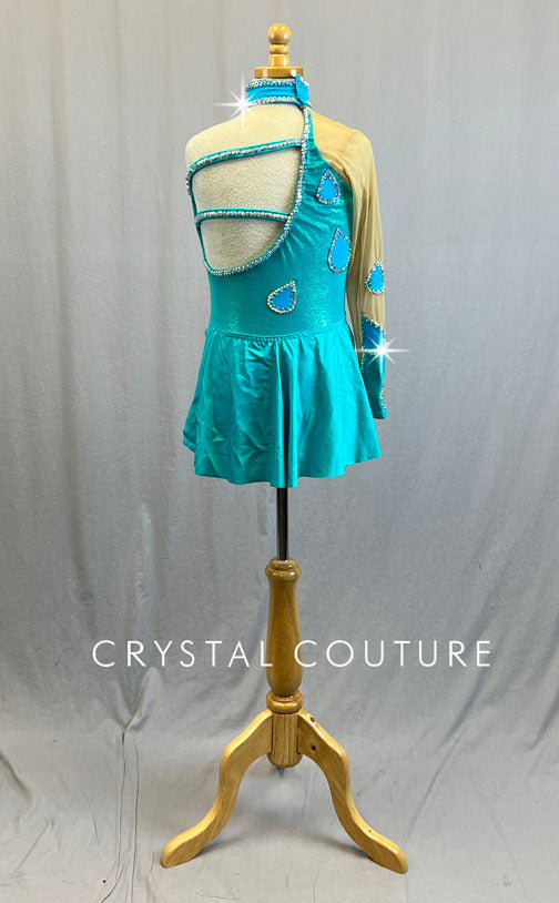 Custom Turquoise Raindrop Leotard with Back Skirt - Rhinestones