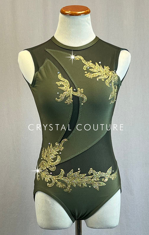 Custom Army Green Leotard with Mesh Cutouts and Appliques – Crystal Couture
