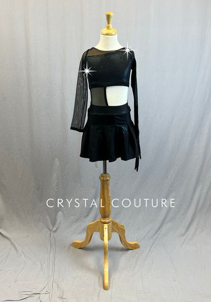 Custom Black Metallic Connected Top and Skirt with Attached Glove - Rhinestones