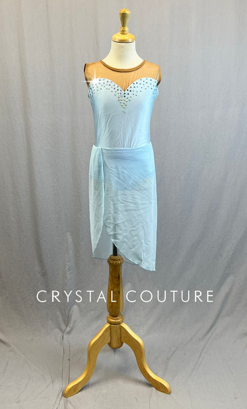 Light Blue Sweetheart Neckline Leotard with Mock Wrap Skirt - Rhinestones