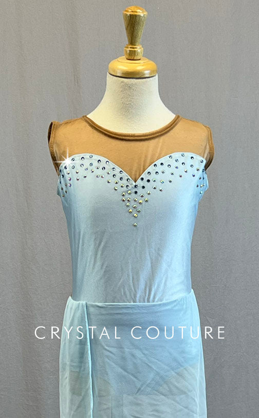 Light Blue Sweetheart Neckline Leotard with Mock Wrap Skirt - Rhinestones