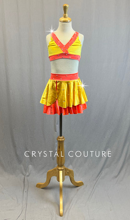 Custom Yellow & Neon Orange Top with Layered Circle Skirt - Rhinestones