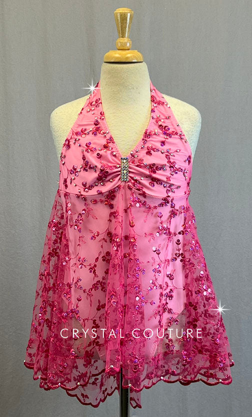 Custom Pink Halter Leotard with Embroidered Lace Baby Doll - Rhinestones