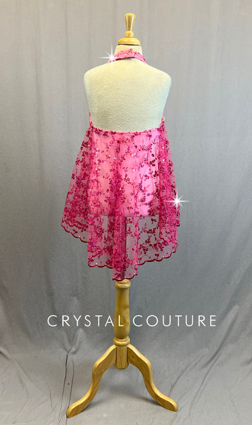 Custom Pink Halter Leotard with Embroidered Lace Baby Doll - Rhinestones