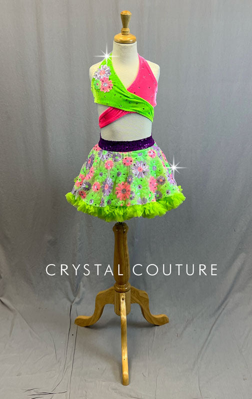 Custom Neon Multicolor Wrap Top and Floral Sequin Skirt with Neon Green Crinoline - Rhinestones