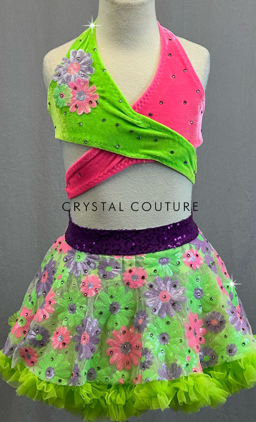 Custom Neon Multicolor Wrap Top and Floral Sequin Skirt with Neon Green Crinoline Rhinestones