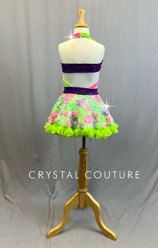 Custom Neon Multicolor Wrap Top and Floral Sequin Skirt with Neon Green Crinoline Rhinestones