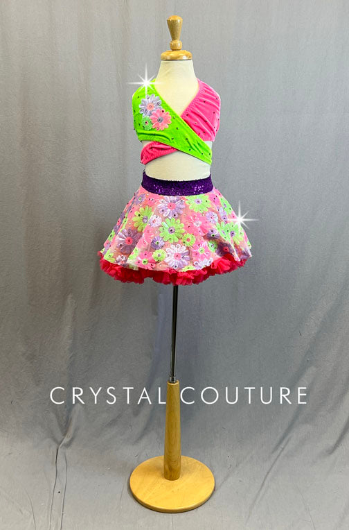 Custom Neon Multicolor Wrap Top and Floral Sequin Skirt with Hot Pink Crinoline - Rhinestones
