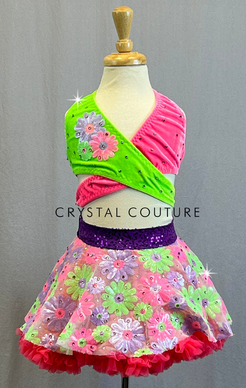 Custom Neon Multicolor Wrap Top and Floral Sequin Skirt with Hot Pink Crinoline - Rhinestones