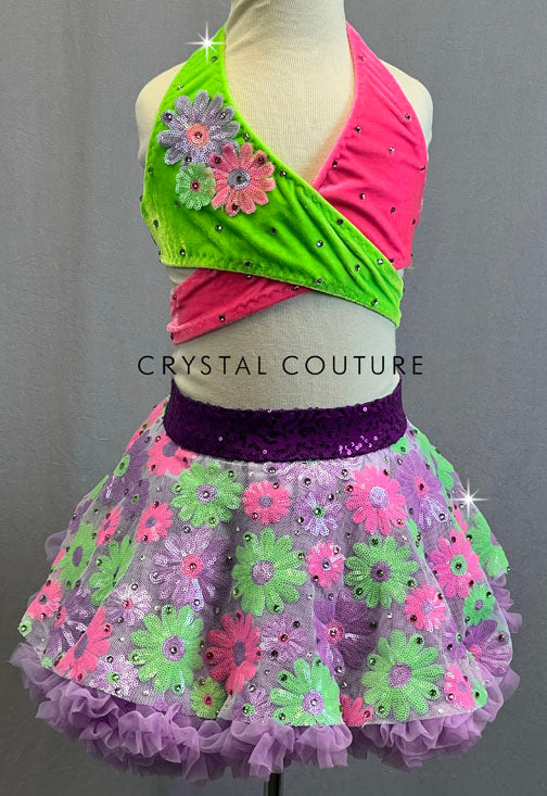 Custom Neon Multicolor Wrap Top and Floral Sequin Skirt with Lavender Crinoline - Rhinestones