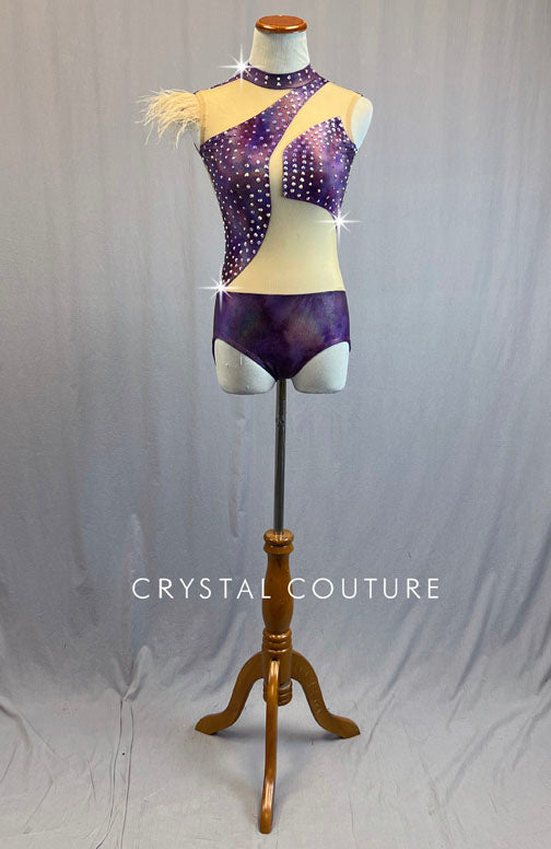 Purple Holographic Asymmetrical Leotard with Nude Mesh Inserts and Ostrich Feathers - Rhinestones