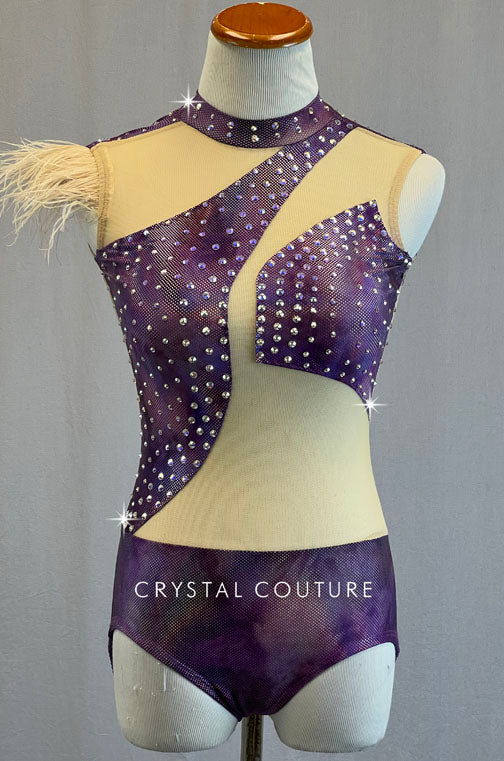 Purple Holographic Asymmetrical Leotard with Nude Mesh Inserts and Ostrich Feathers - Rhinestones