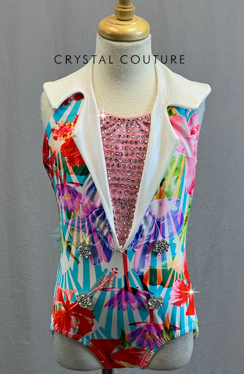 Bright Floral Print Leotard with White Collar and Aqua Feathers - Rhinestones