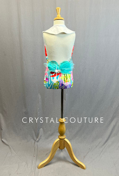 Bright Floral Print Leotard with White Collar and Aqua Feathers - Rhinestones