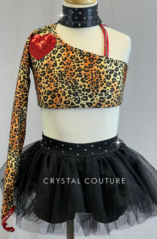 Leopard Print Asymmetrical Top with Tulle Skirt - Rhinestones