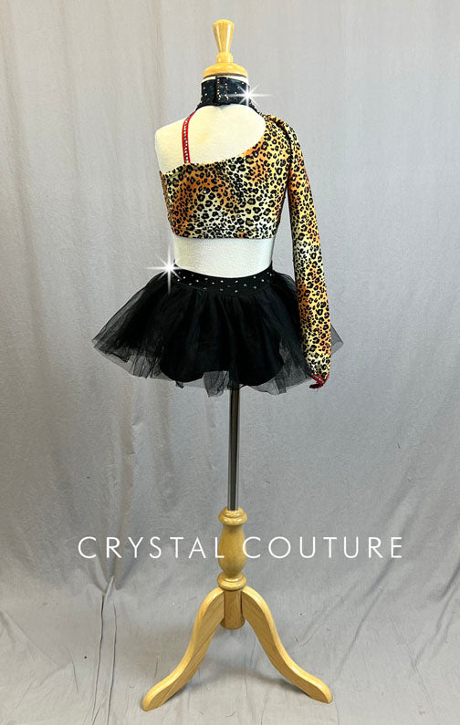 Leopard Print Asymmetrical Top with Tulle Skirt - Rhinestones