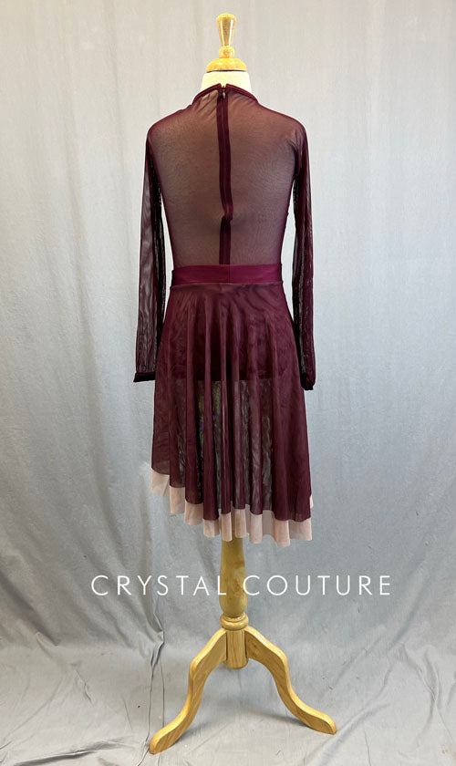 Maroon Leotard with Mesh Sleeves and Dusty Pink Skirt and Appliques - Rhinestones