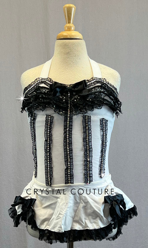 Custom White and Black Lace Bustier Top with Mini Skirt - Rhinestones