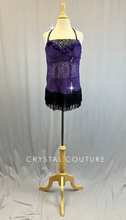 Purple Lace Mini Dress with Black Fringe - Rhinestones