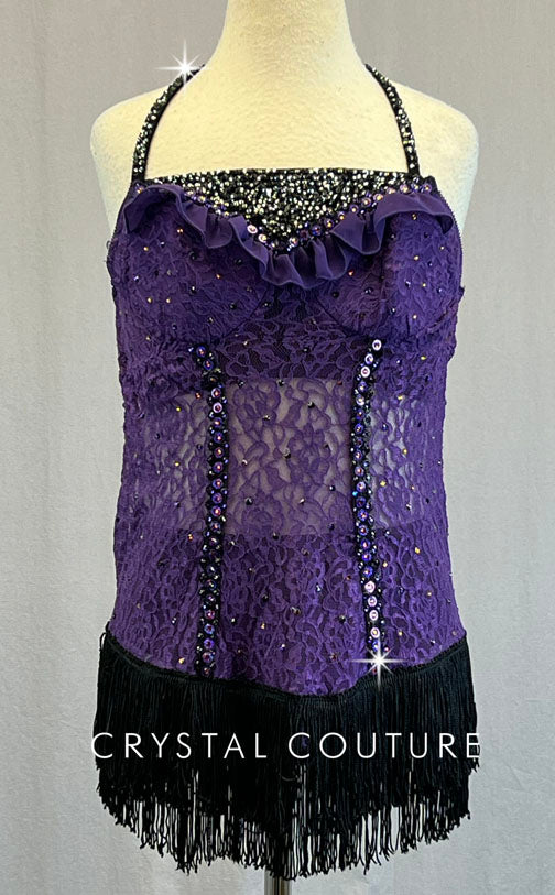 Purple Lace Mini Dress with Black Fringe - Rhinestones