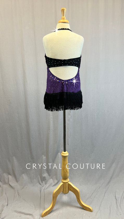 Purple Lace Mini Dress with Black Fringe - Rhinestones