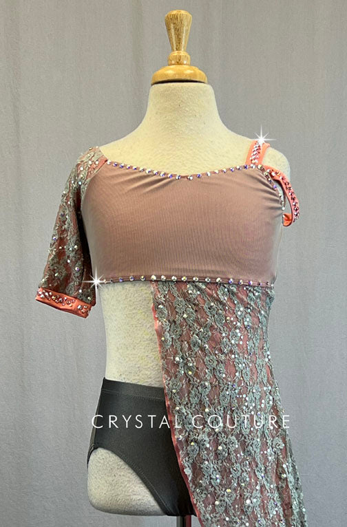 Peach & Grey Asymmetrical Lace Two Piece - Rhinestones