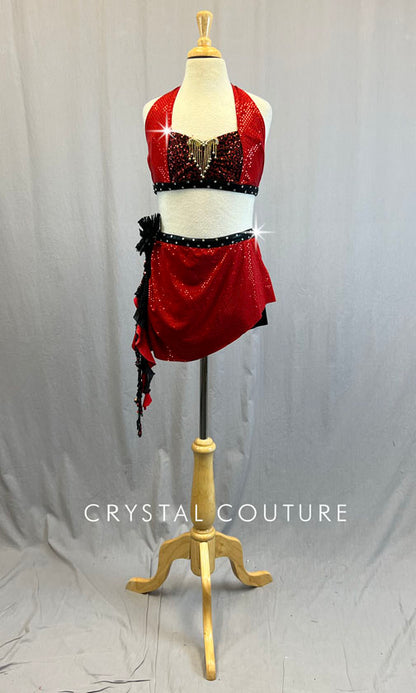 Custom Red & Black Sequined Two Piece with Side Bustle - Rhinestones