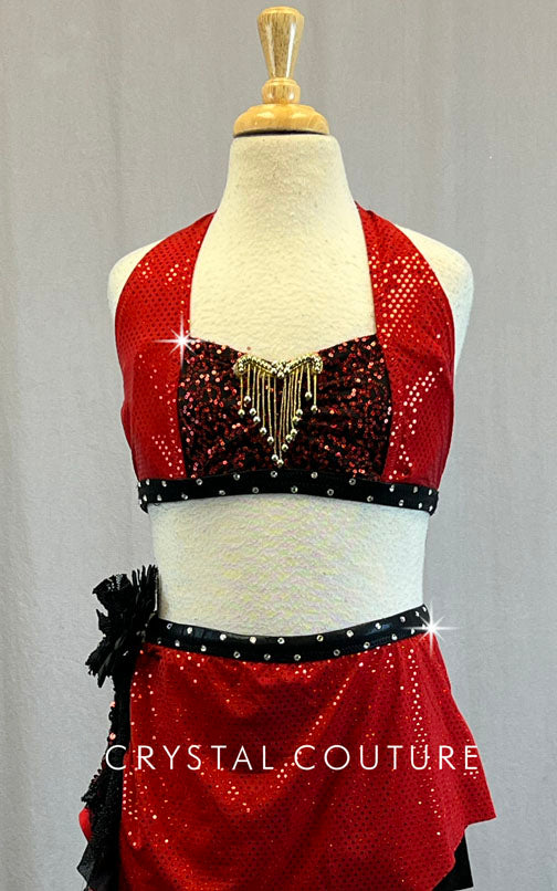 Custom Red & Black Sequined Two Piece with Side Bustle - Rhinestones