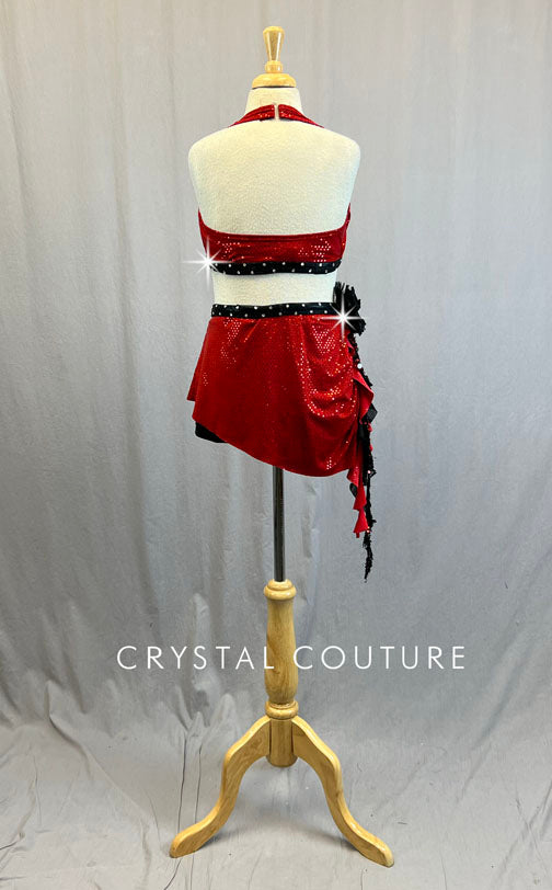 Custom Red & Black Sequined Two Piece with Side Bustle - Rhinestones