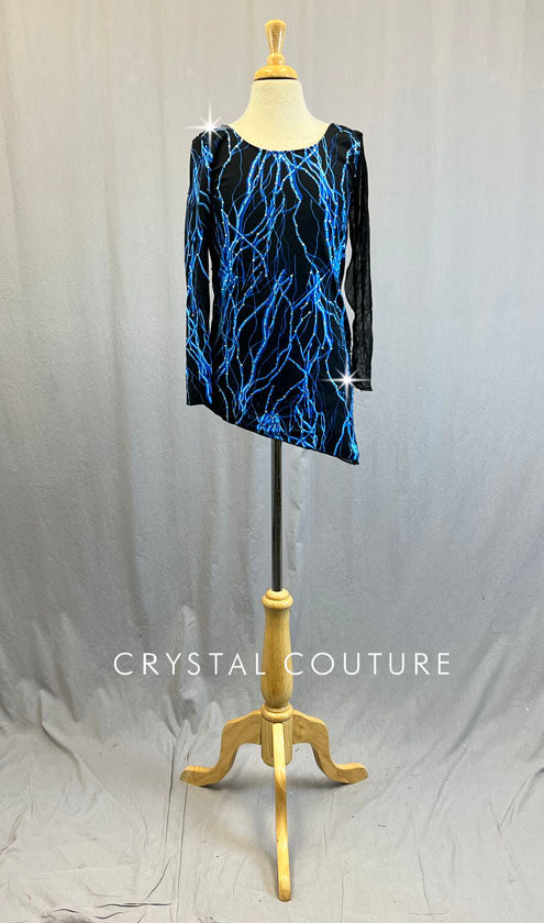 Custom Black & Blue Lightning Bolt Dress with Mesh Sleeve - Rhinestones