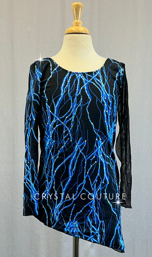 Custom Black & Blue Lightning Bolt Dress with Mesh Sleeve - Rhinestones