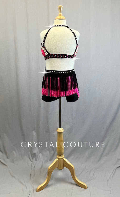 Custom Hot Pink Pleated Top and Fringe Mini Skirt - Rhinestones