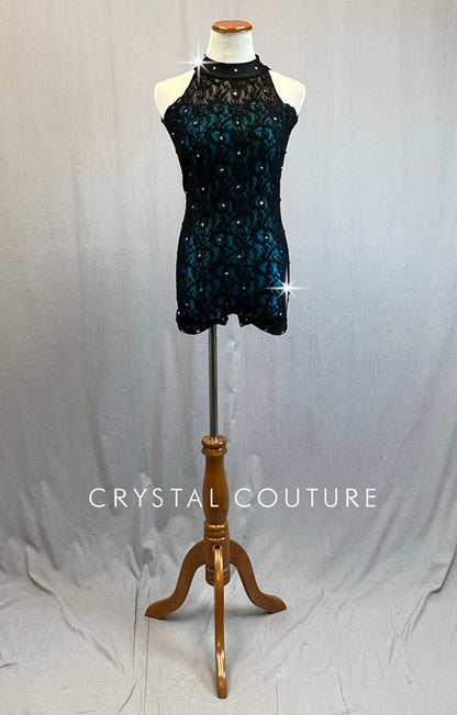 Custom Teal Biketard with Black Lace Overlay and Open Back - Rhinestones