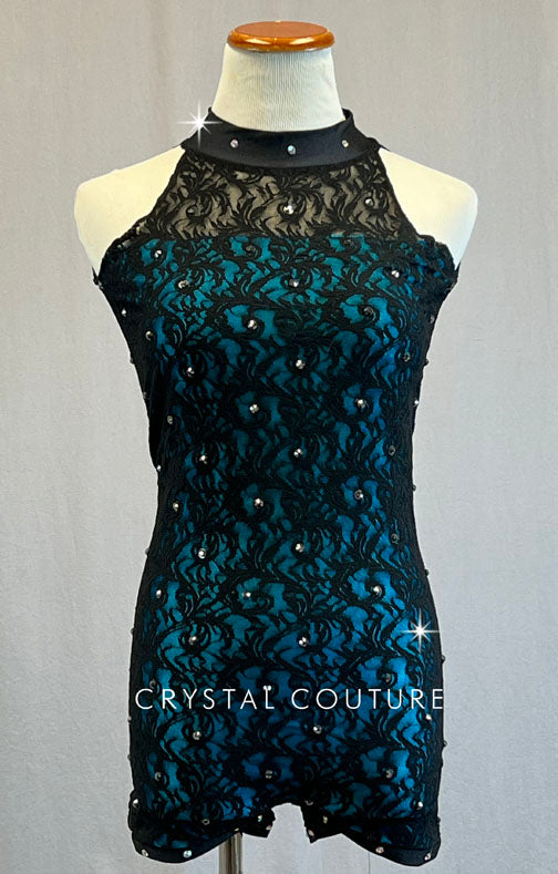 Custom Teal Biketard with Black Lace Overlay and Open Back - Rhinestones