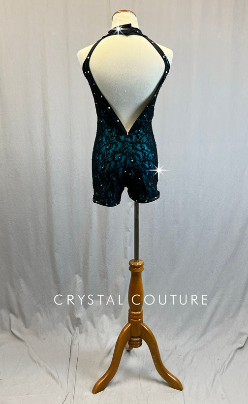 Custom Teal Biketard with Black Lace Overlay and Open Back - Rhinestones